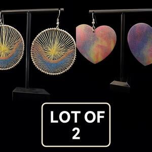 Lot of 2 Pairs Earrings Wire Art Sunburst Rainbow, Heart Dangle, Boho Artsy